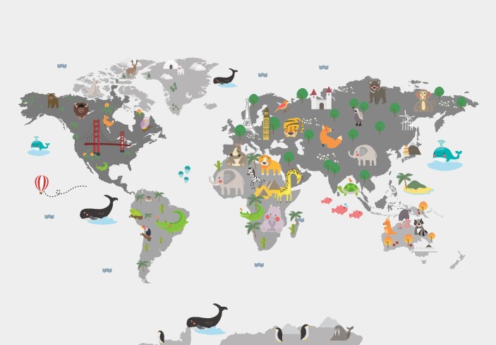 Fototapeta mapa świata dla dzieci zwierzęta szara 13814VE