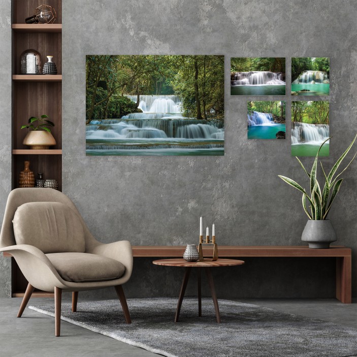 Obraz 5 części na płótnie las wodospad 66x48 / 2 x 20x20 / 2 x 32x22
