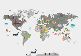 Fototapeta mapa świata dla dzieci zwierzęta szara 13814VE