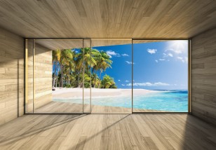 Fototapeta 3d widok plaża morze krajobraz palmy natura okno 14236VE