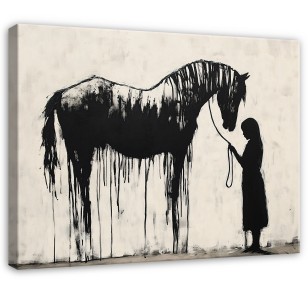 Obraz abstrakcja banksy beżowy dziewczynka koń nowoczesny na płótnie 15489O1
