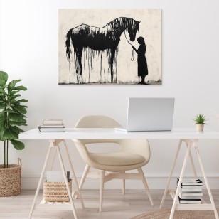 Obraz abstrakcja banksy beżowy dziewczynka koń nowoczesny na płótnie 15489O1AR1