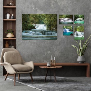 Obraz 5 części na płótnie las wodospad 66x48 / 2 x 20x20 / 2 x 32x22